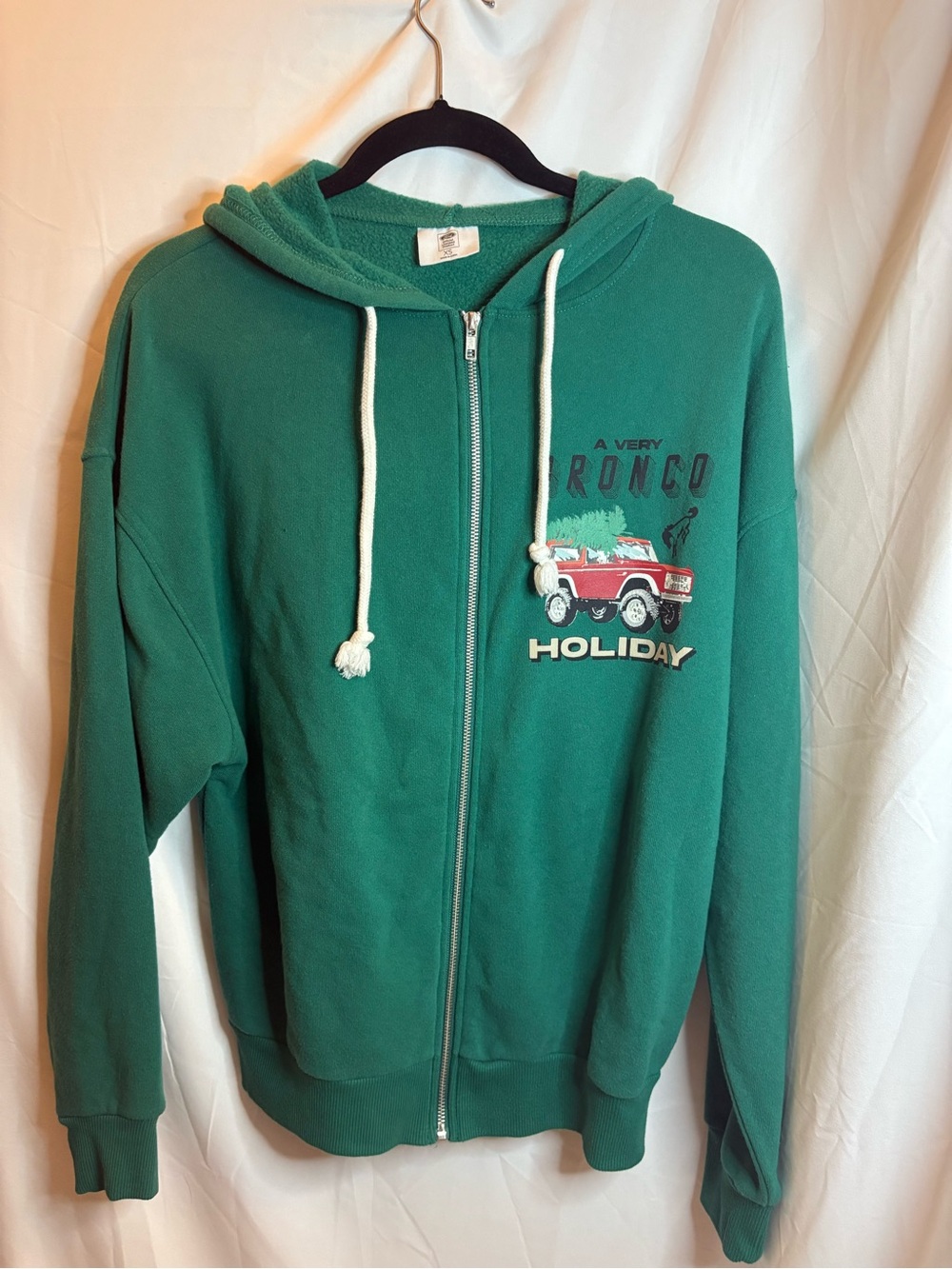 Ford Green Holiday Zip-Up Hoodie with Festive Truck Graphic